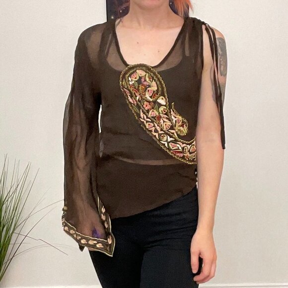 Y2K Ted Baker Floral Embroidery Sheer Top One Sleeve Size S Brown - Picture 2 of 4